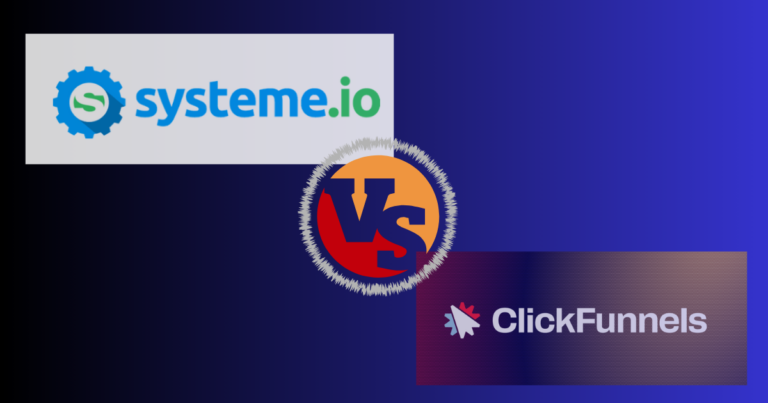 Side-by-side comparison of Systeme.io and ClickFunnels 2026 dashboards, highlighting pricing differences and marketing funnel features