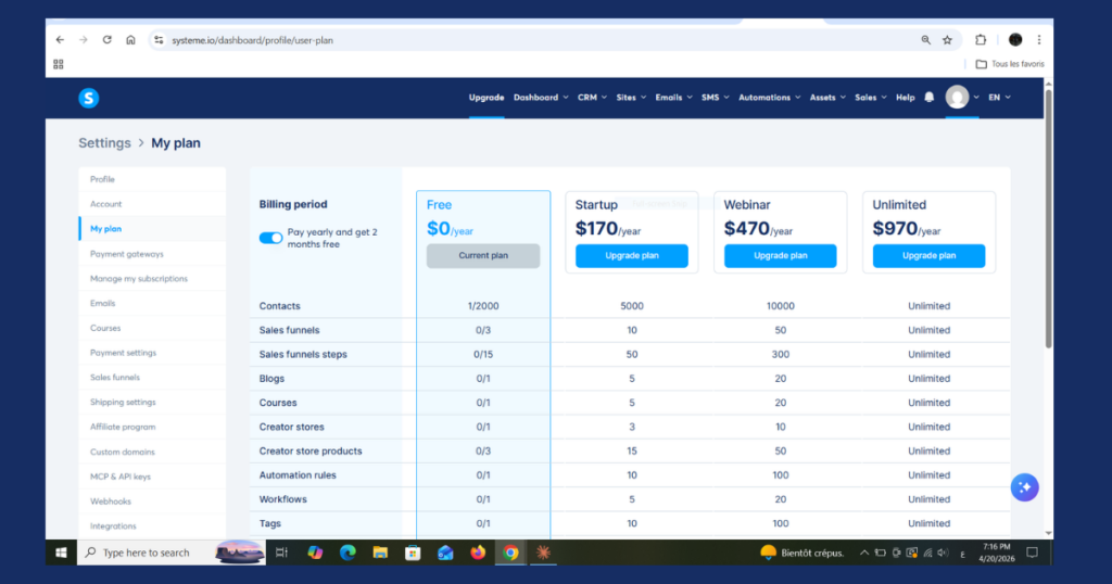 Systeme.io 2026 discount deals and coupon codes dashboard, showing savings on annual plans and startup bonuses.