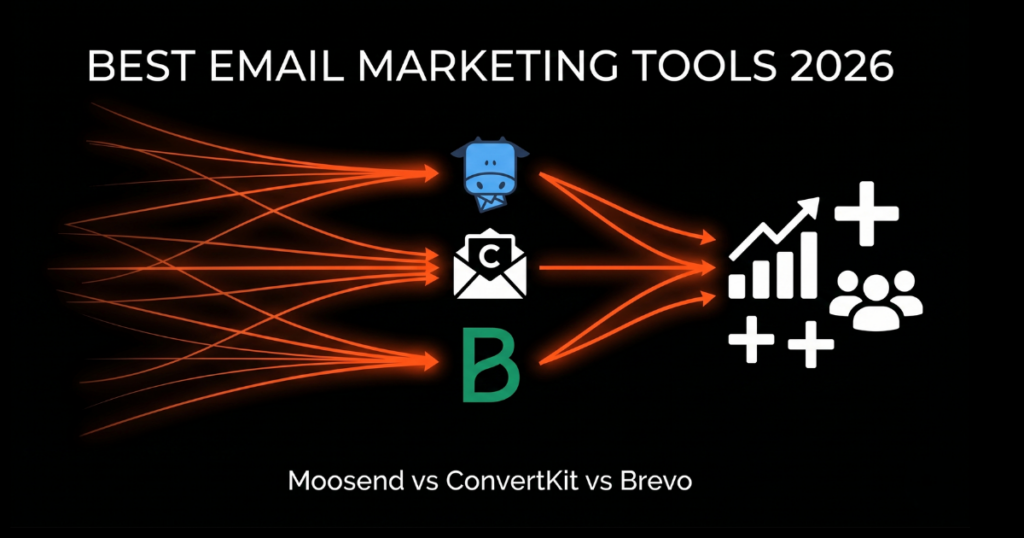 Best email marketing tools for solo founders in 2026: A visual comparison of Moosend, ConvertKit, and Brevo, highlighting the most cost-effective solution for list growth.