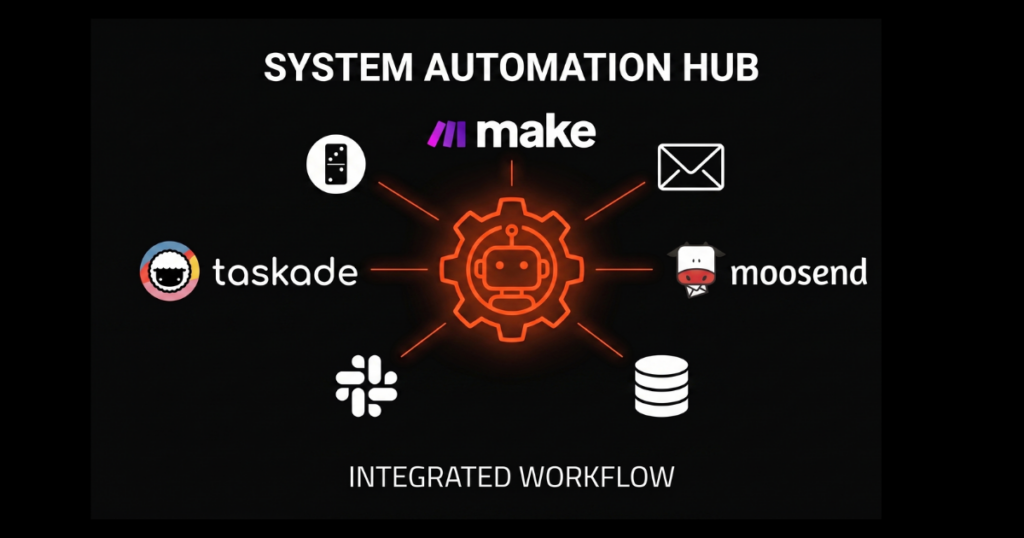 The complete 2026 guide to automate your solo founder business using Make, Moosend, and Taskade.
