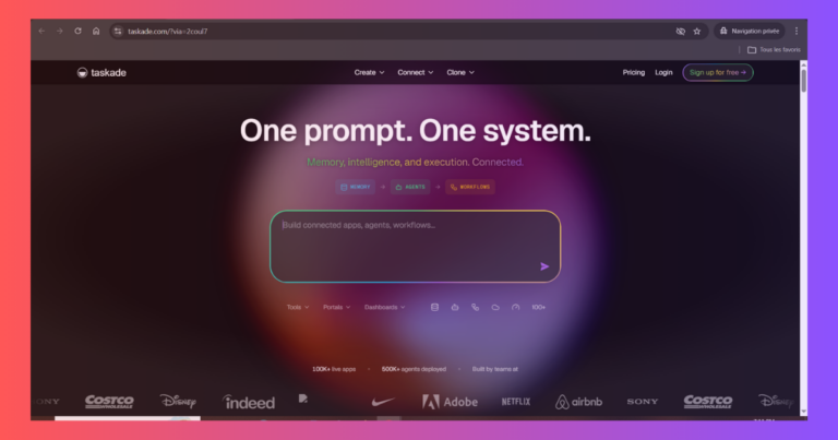 Taskade 2026 AI dashboard interface showing the workspace, project management, and AI agent tools.